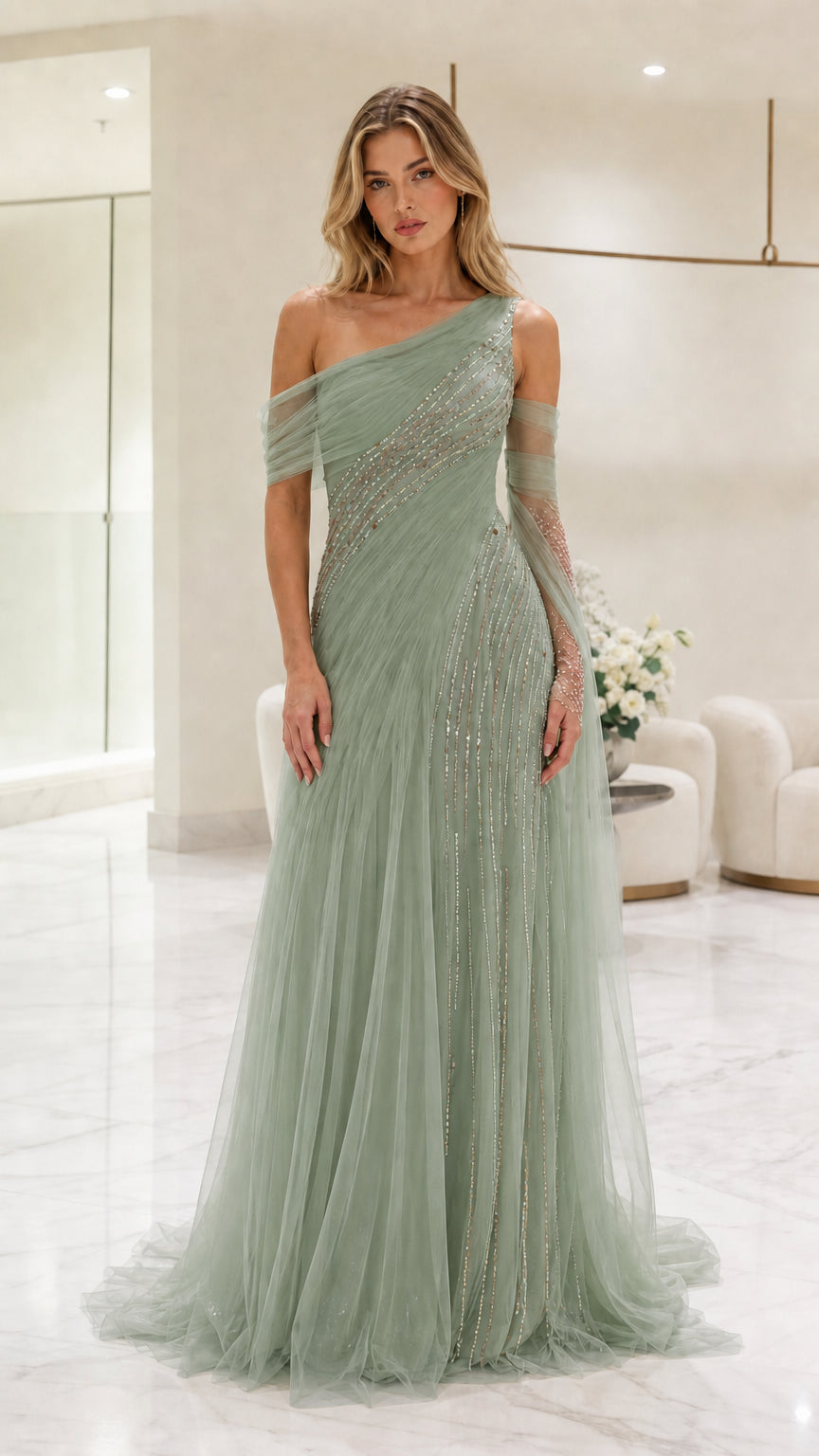 Front view of sage green one-shoulder evening gown