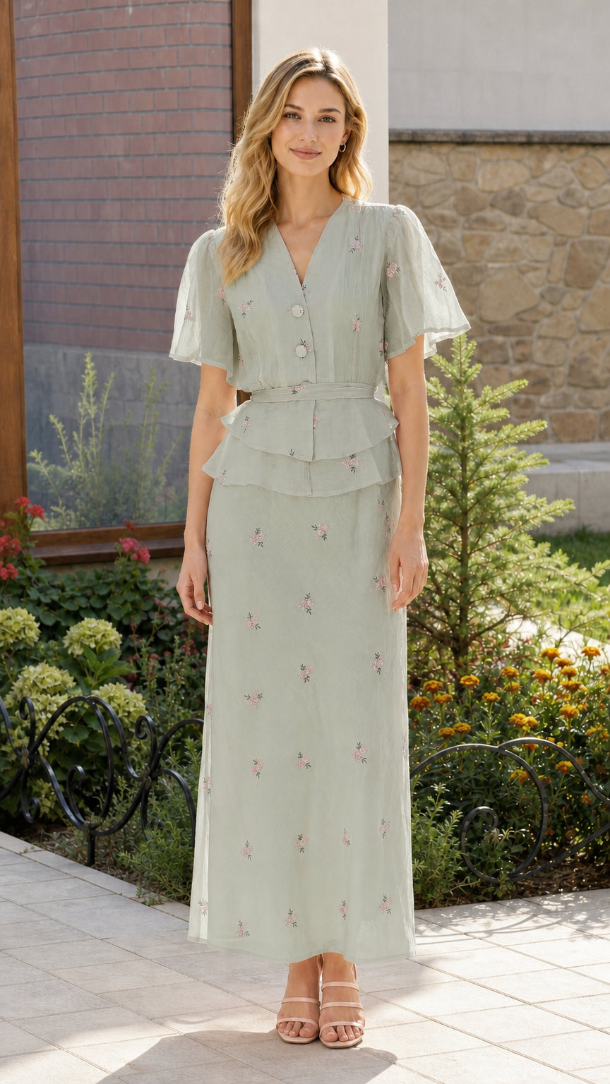 Front view of sage green color variant of two-piece peplum maxi set