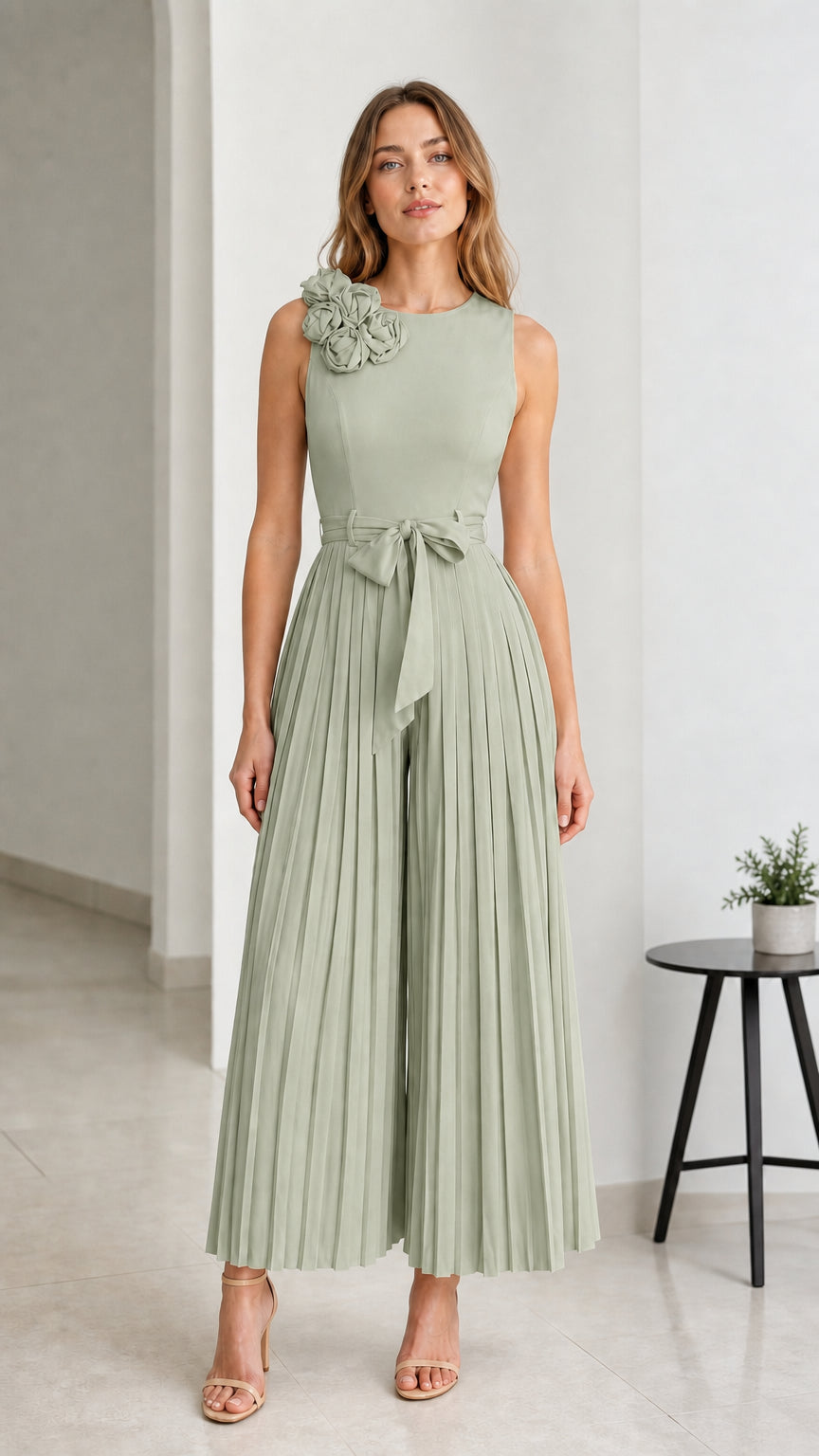 Front view of Sage Green pleated wide-leg jumpsuit