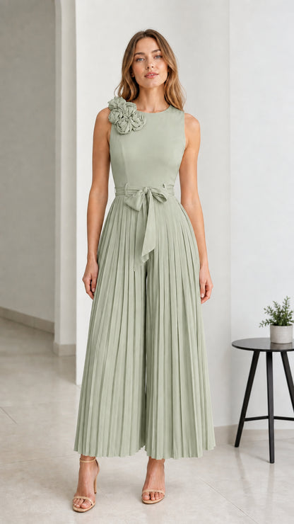 Front view of Sage Green pleated wide-leg jumpsuit