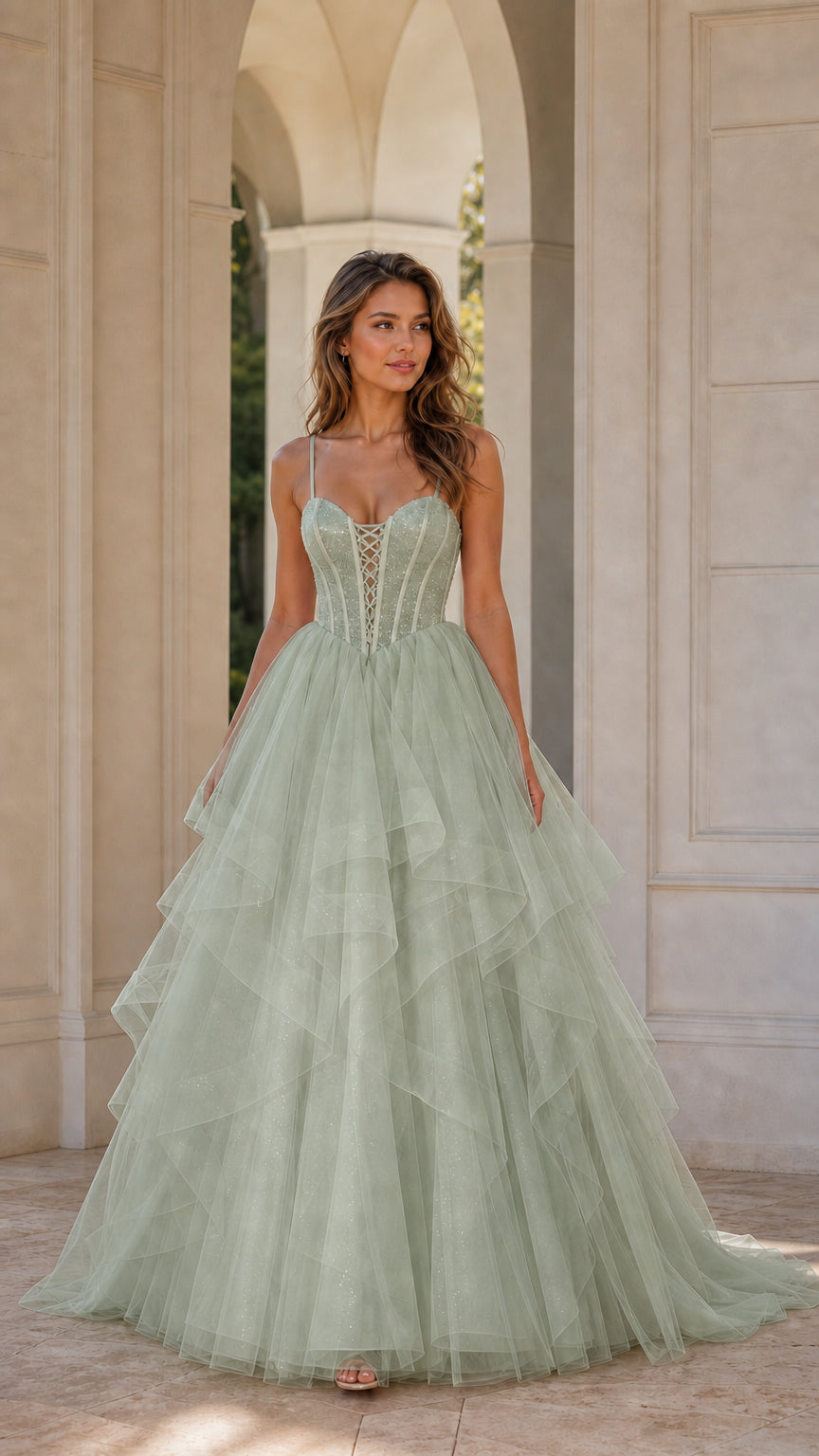 Sage green glitter tulle corset ball gown