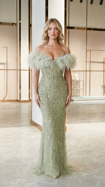 Sage green off-the-shoulder feather trim evening gown