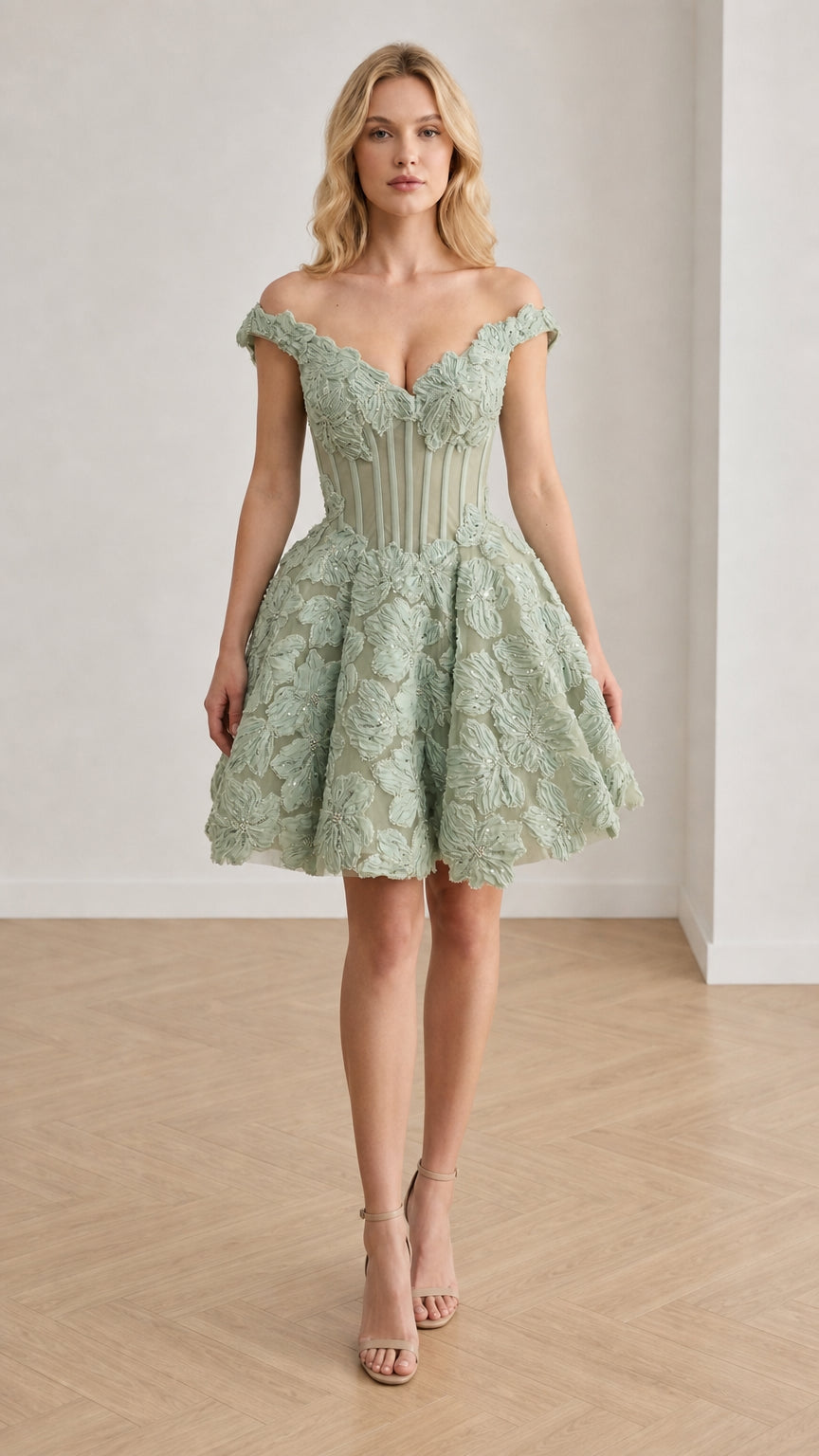 Front view of Sage Green floral corset mini dress