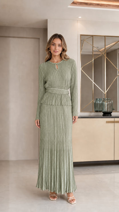 Full front view of Sage Green pleated shimmer long-sleeve maxi dress