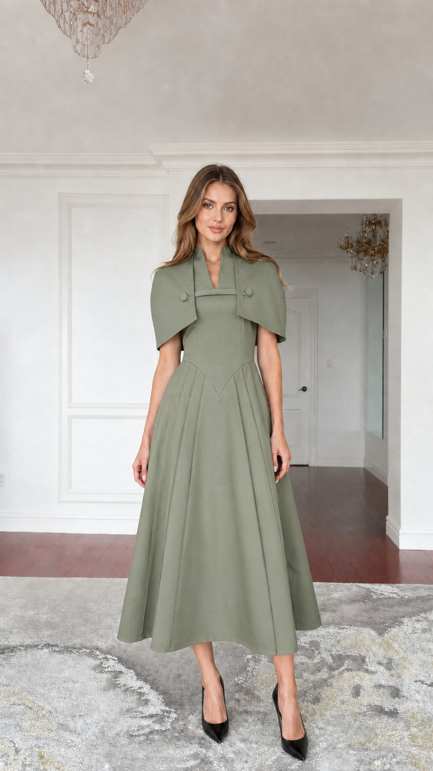 Sage green color variant of cape midi dress