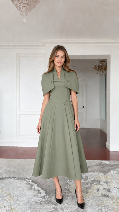 Sage green color variant of cape midi dress