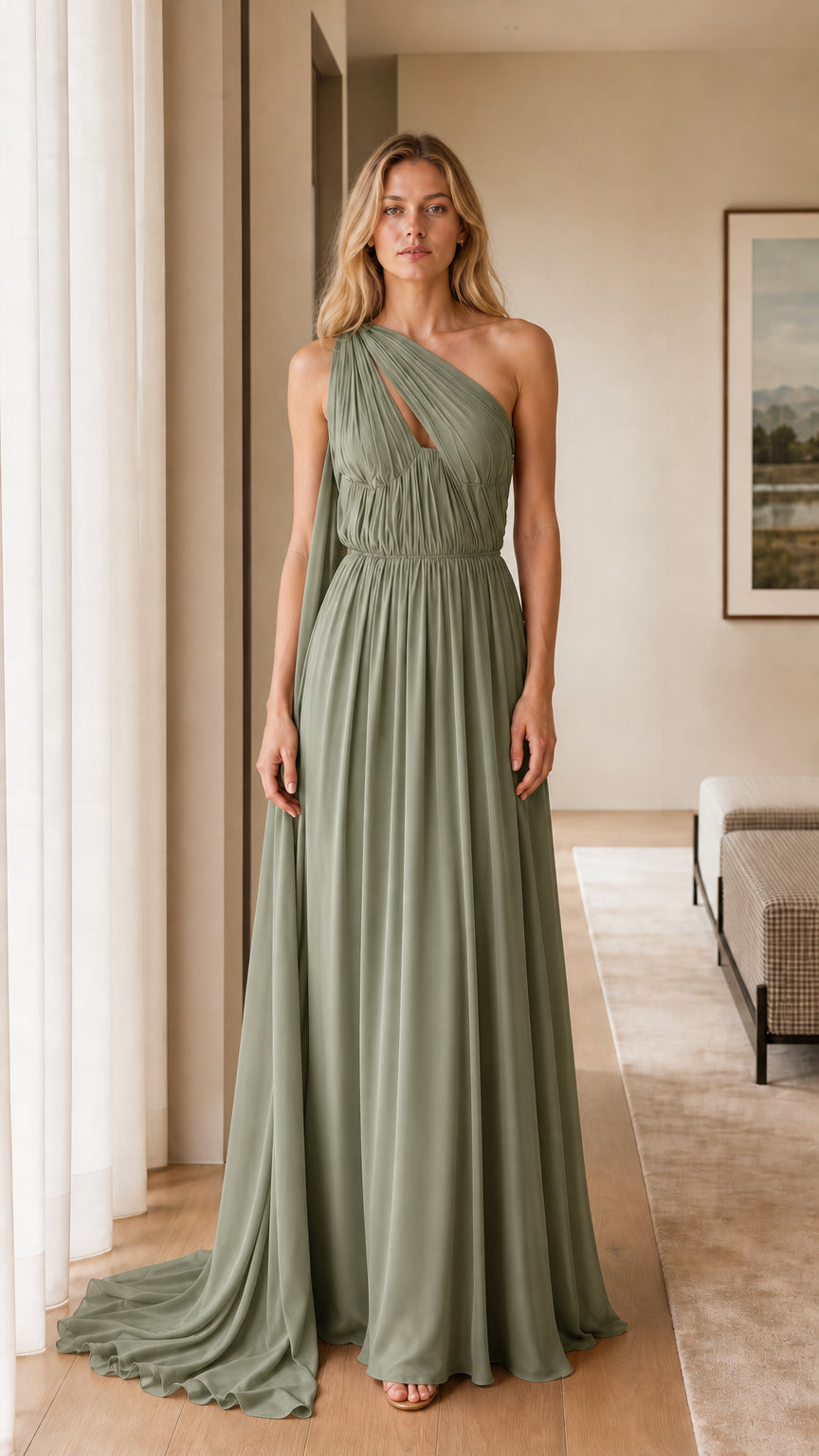 Sage green one-shoulder pleated maxi evening dress