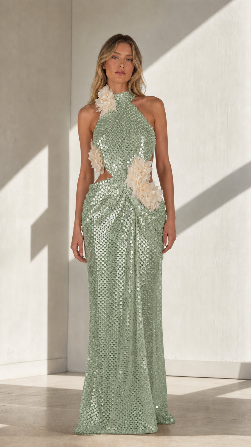 Sage green sequin halter maxi dress with floral appliqués shown from the front