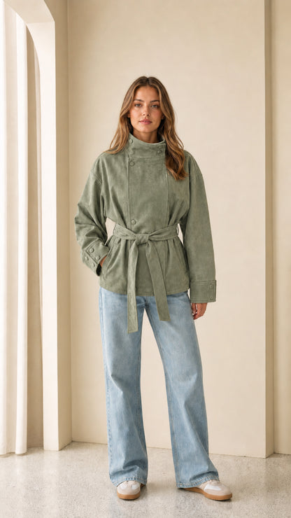 Woman wearing sage green faux suede belted jacket