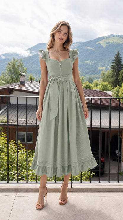 Front view of woman wearing green midi dress