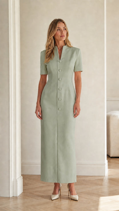 Front full view of sage green short sleeve stand collar column maxi dress