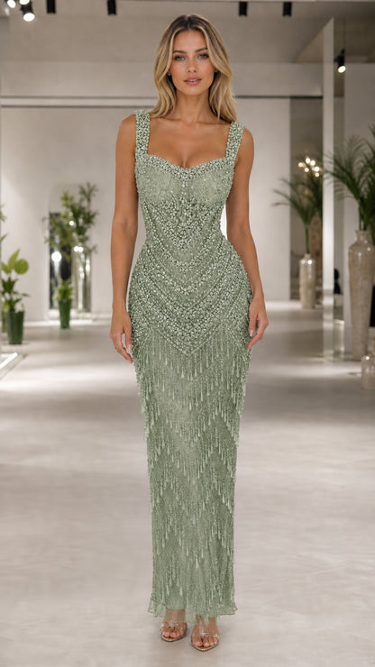 Front view of sage green beaded fringe floor-length formal gown