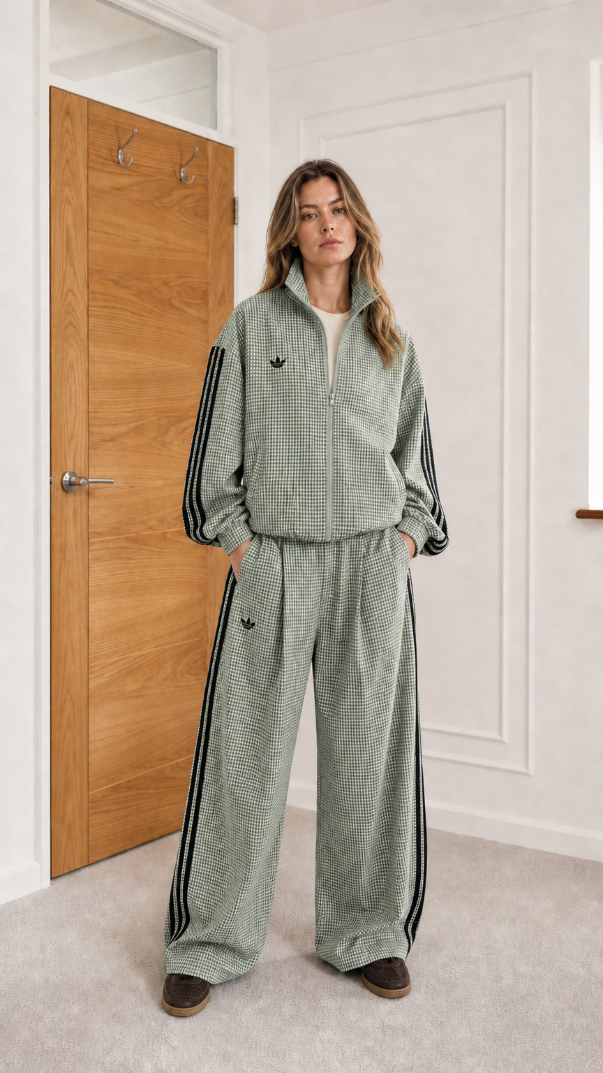 Model wearing sage green houndstooth track jacket and matching wide-leg pants set