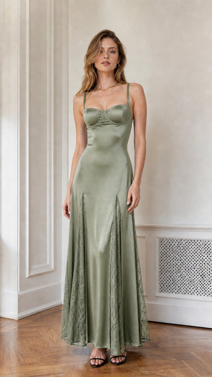 Model wearing sage satin lace-inset maxi slip dress