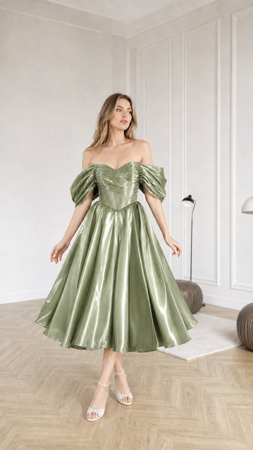 Front full view of sage green metallic off-shoulder cocktail dress