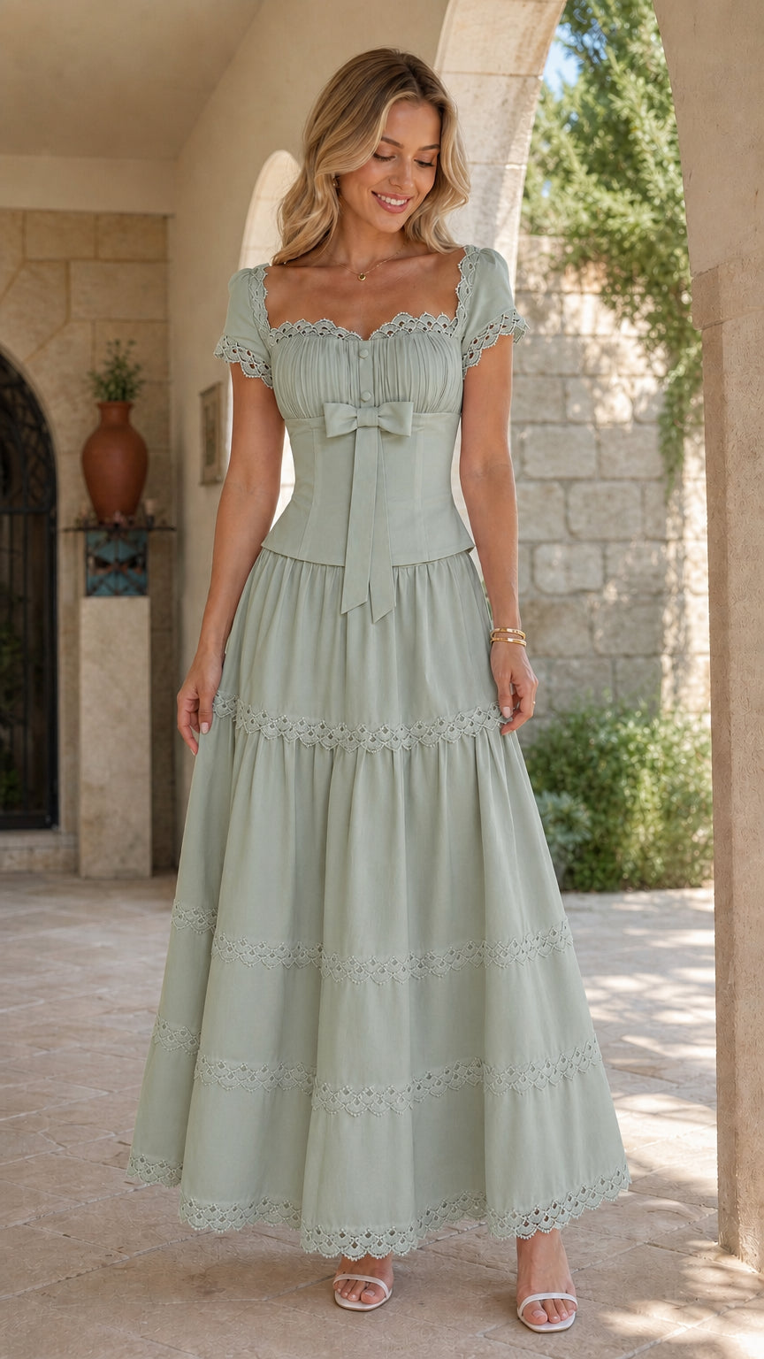 Model wearing sage green romantic tiered maxi dress with lace trim and bow accent