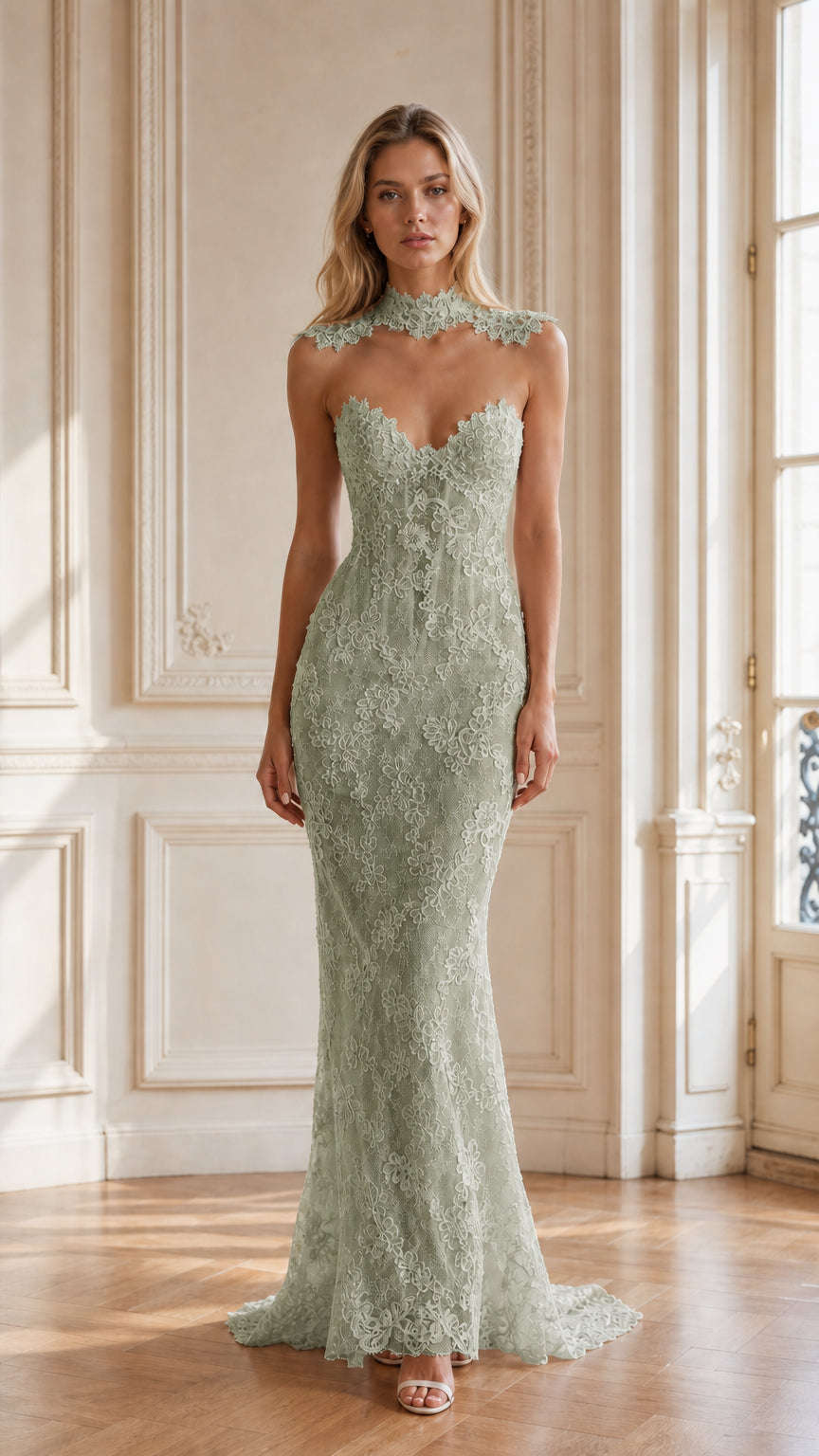 Sage green embroidered lace mermaid dress for evening occasions