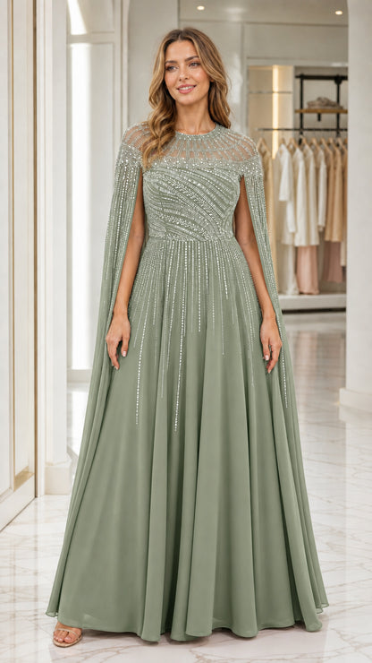 Front view of sage green evening gown with beaded capelet