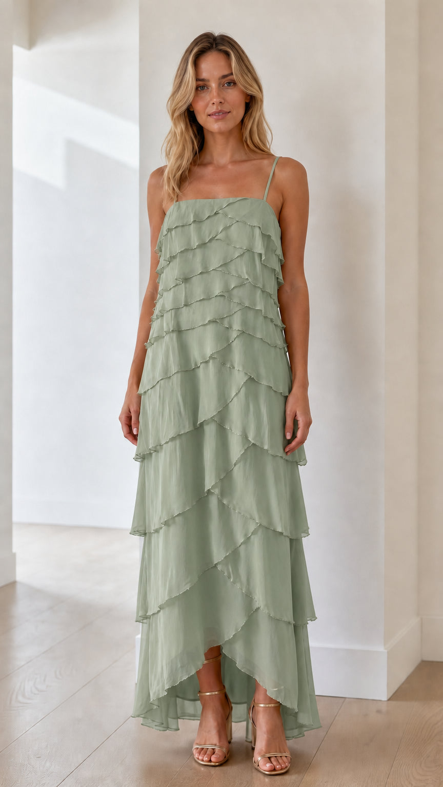 Model wearing sage green tiered ruffle maxi dress