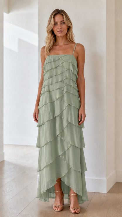 Model wearing sage green tiered ruffle maxi dress