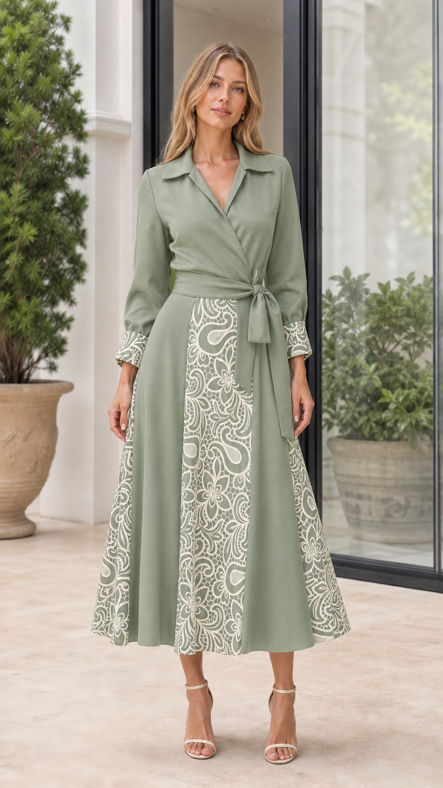 Front view of woman wearing Sage Green embroidered midi shirt dress