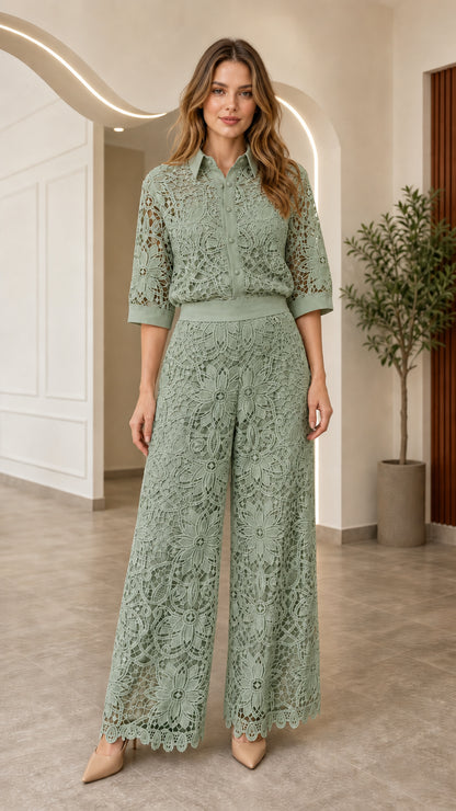 Sage green lace collared shirt and wide-leg trouser coordinated set