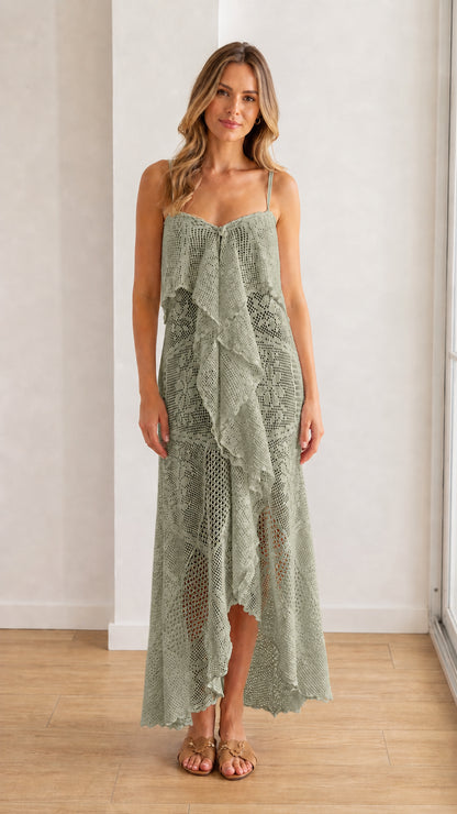 Model wearing sage green crochet lace ruffle maxi dress