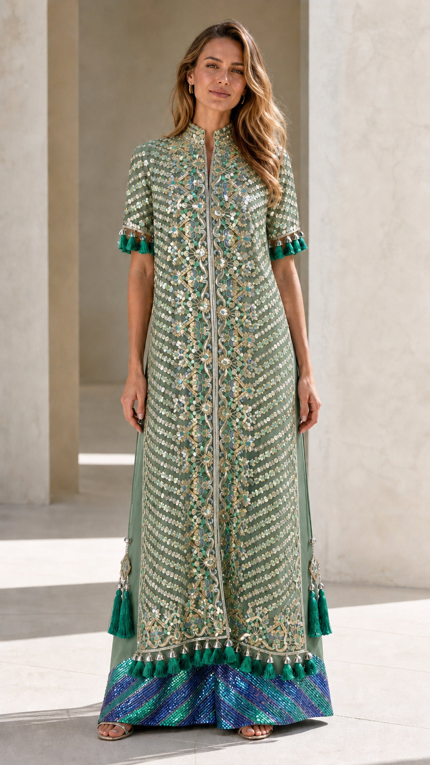 Sage Green embroidered chevron maxi gown front view