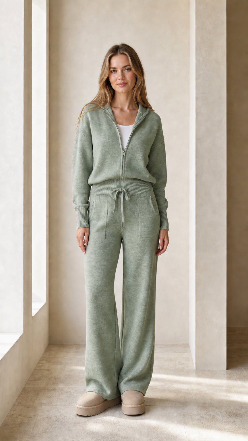 Front view of the sage green women's matching hoodie and wide-leg pants