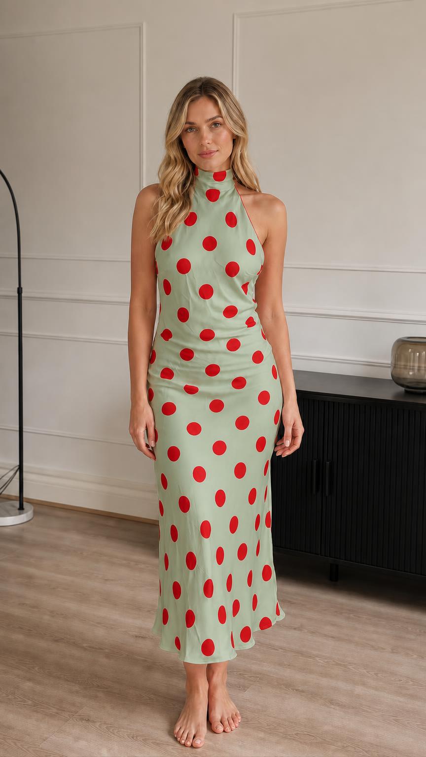 Model wearing sage green and red polka dot halter midi dress