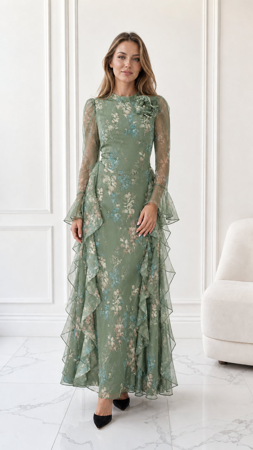 Model wearing sage green floral chiffon long sleeve maxi dress