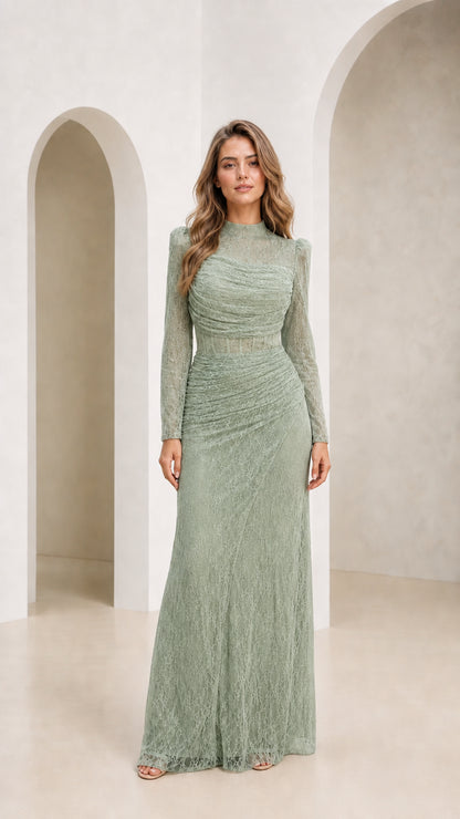 Model wearing sage green lace formal gown
