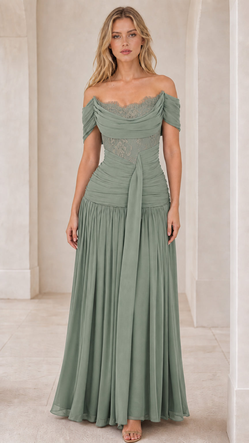 Front view of sage green off-the-shoulder ruched maxi dress