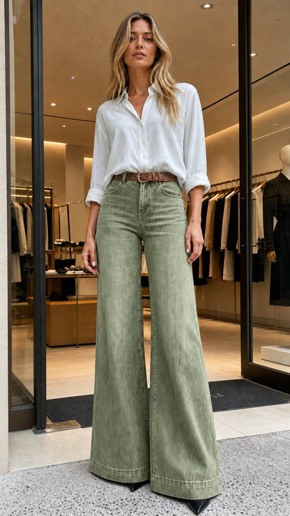 Full-length view of woman wearing green washed wide-leg jeans