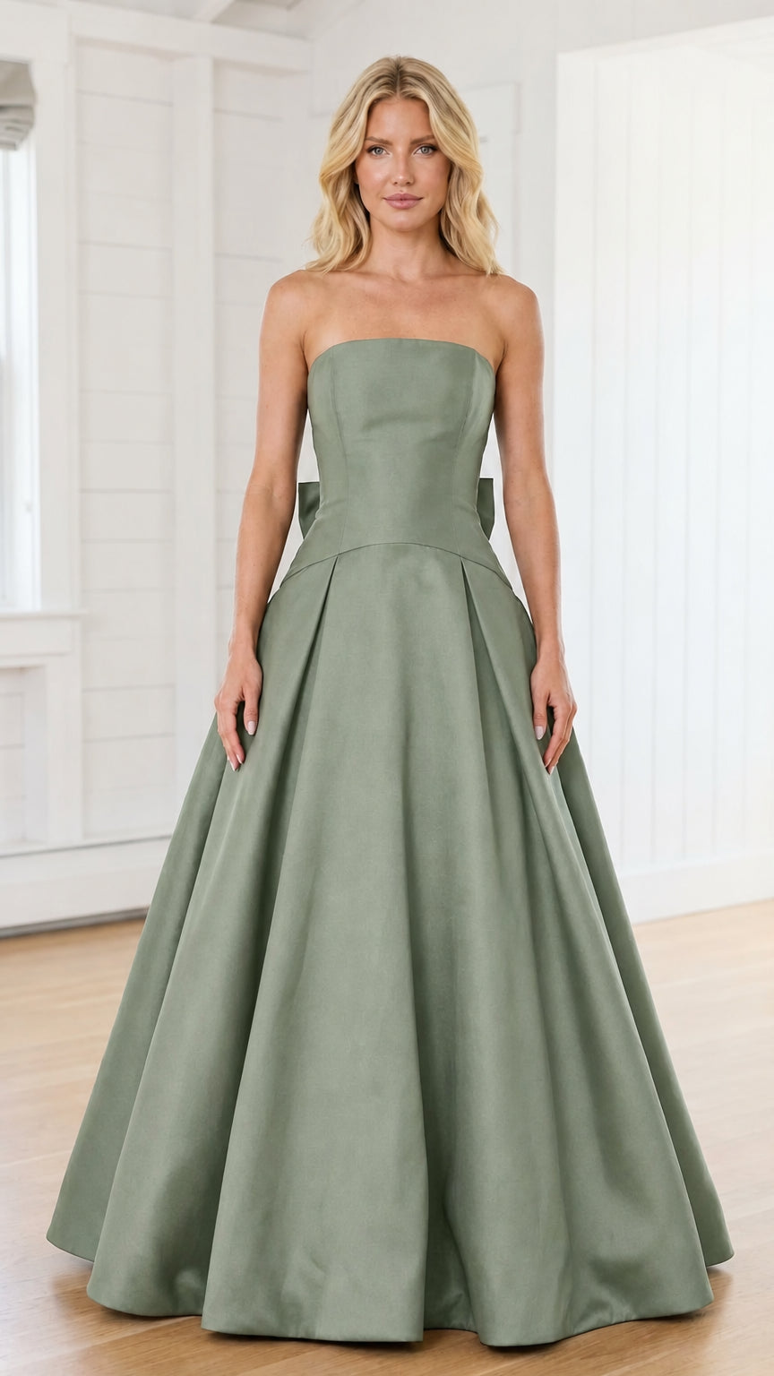 Front view of model in sage green evening gown