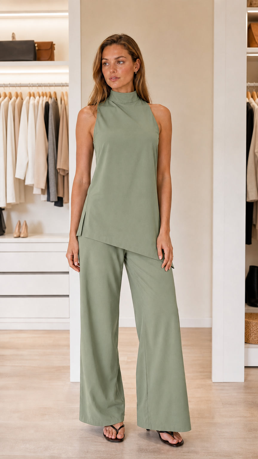 Front view of model in sage green pant set
