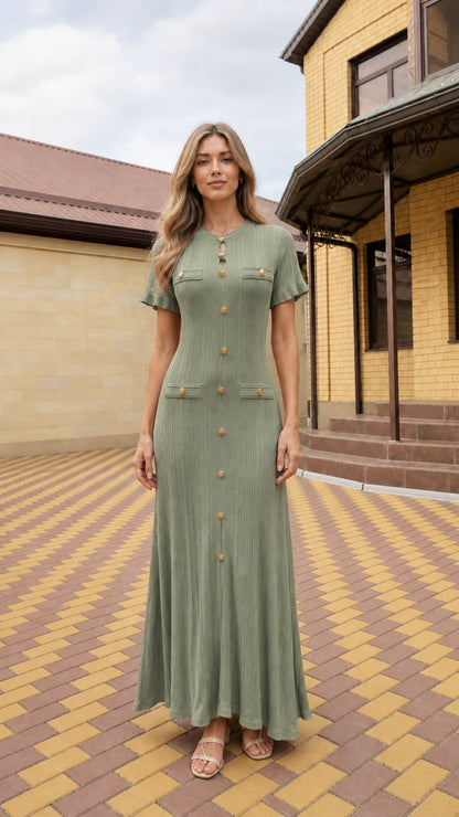 Full-length front view of woman wearing sage green short sleeve cable knit maxi dress
