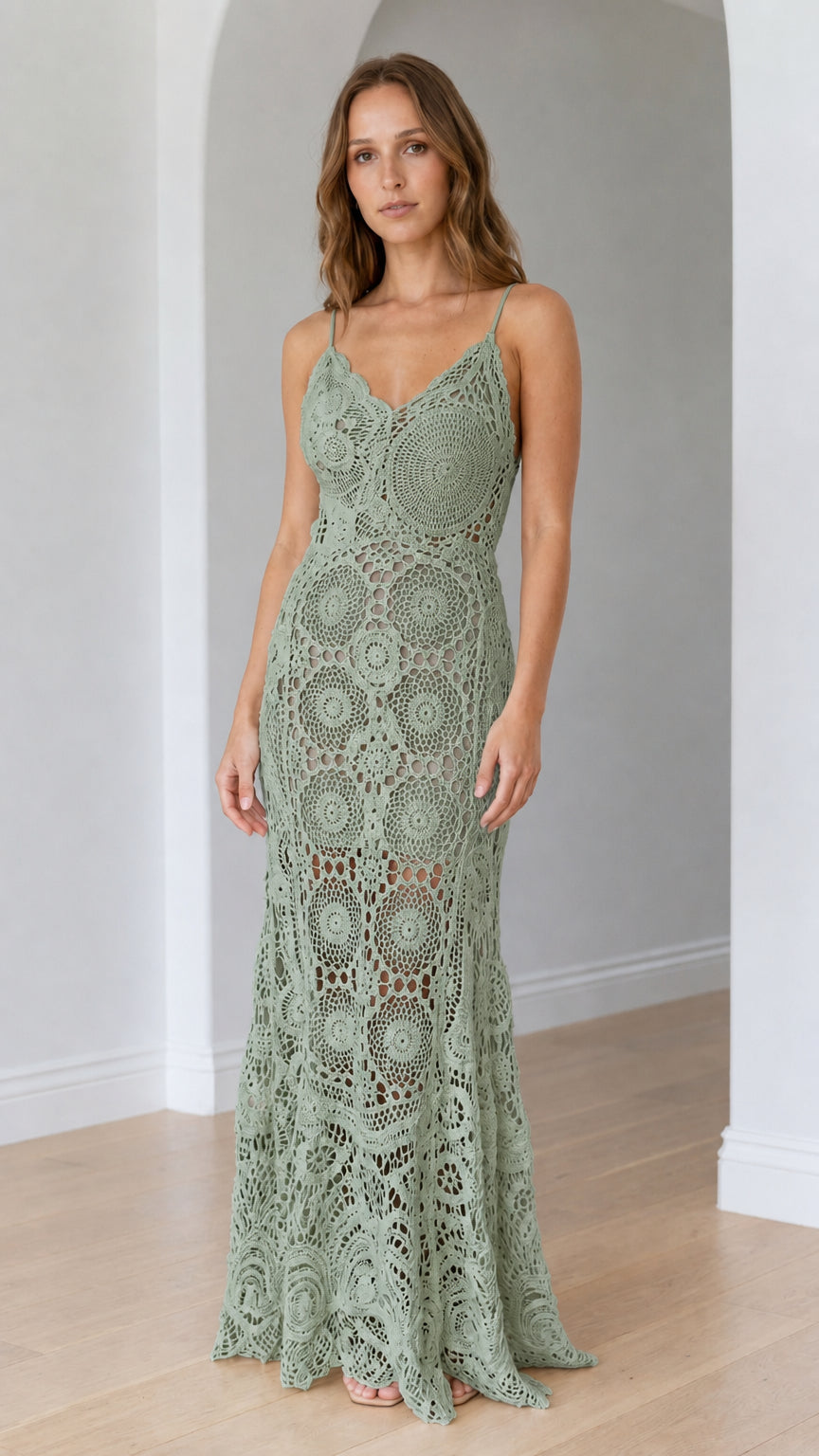 Sage green crochet knit floor-length maxi dress on model
