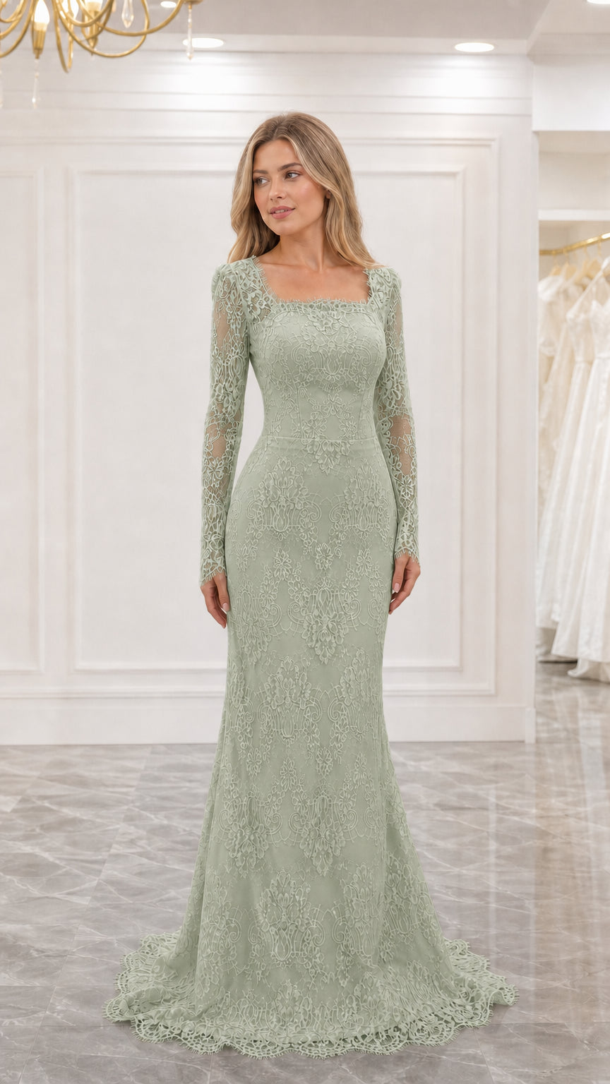 Front view of sage green long sleeve floral lace mermaid formal dress