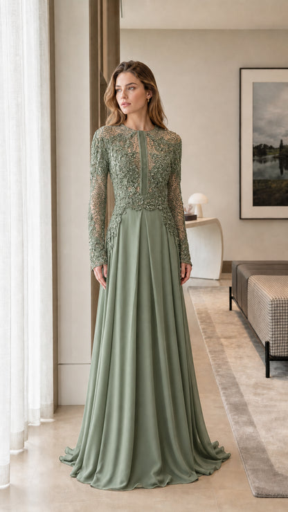 Front view of model wearing the sage green color variant evening gown