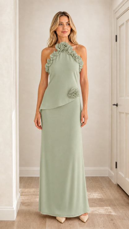 Front view of sage green 3D floral halter maxi dress