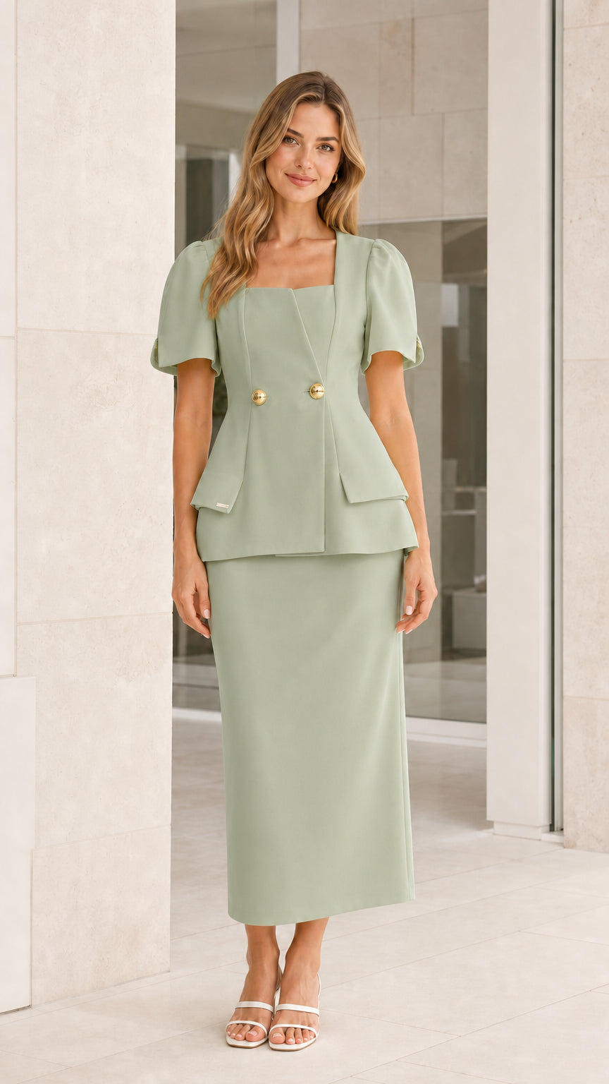 Front view of sage green skirt set