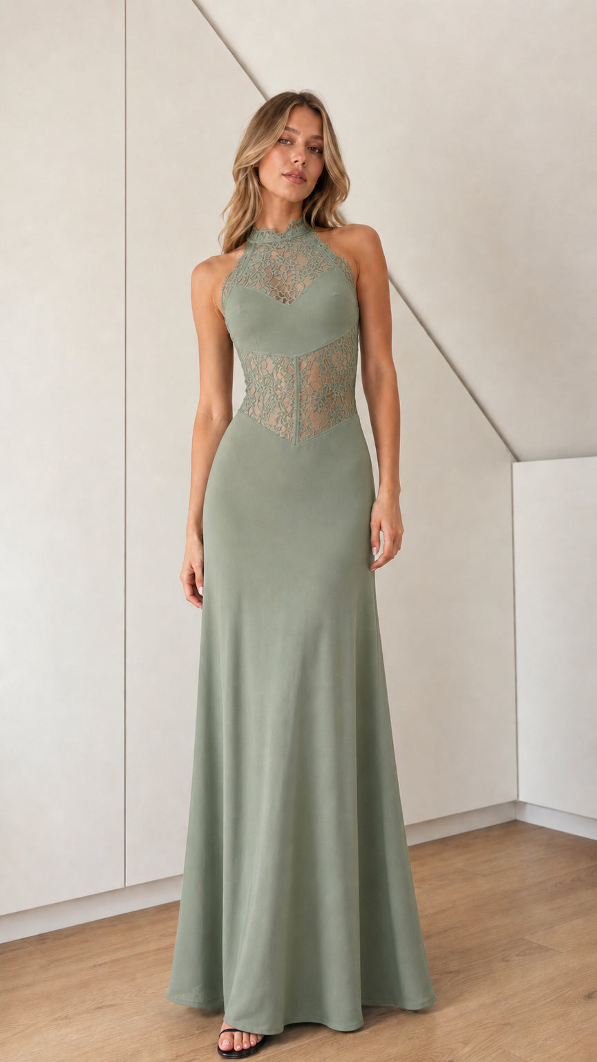 Sage green sleeveless halter neck lace evening gown