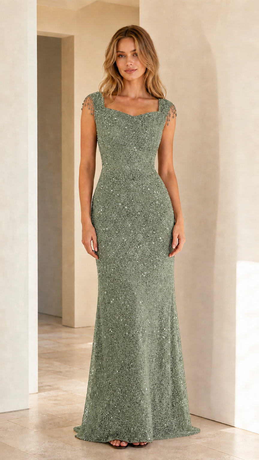 Full-length sage green embellished evening gown with corset back detailing