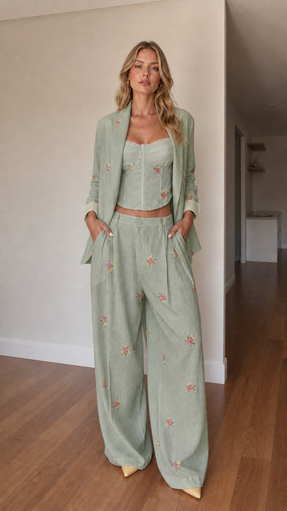 Sage green floral embroidered 3-piece suit set with structured top and wide-leg trousers