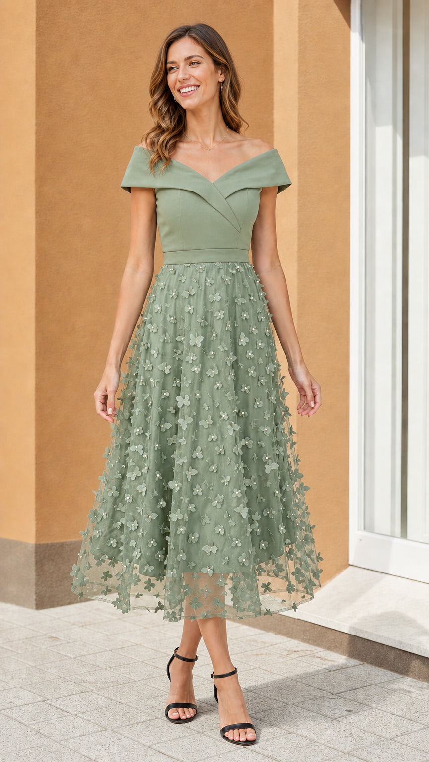 Model wearing Sage Green off-shoulder floral midi dress