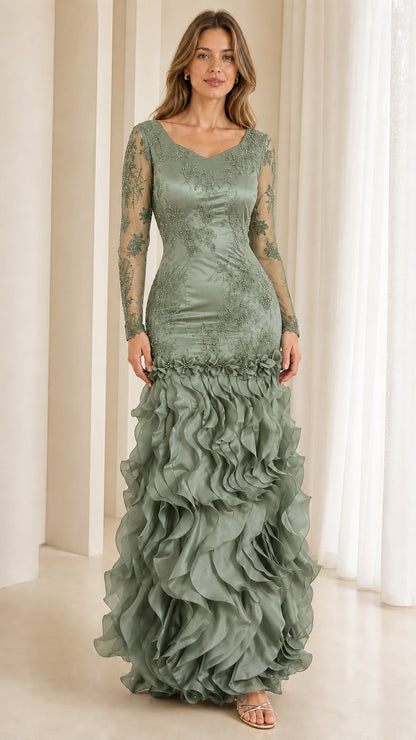 Sage green long sleeve lace mermaid evening dress front view