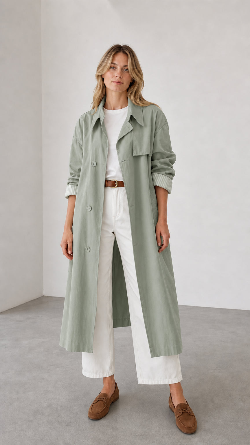 Front full view of woman wearing sage green trench coat