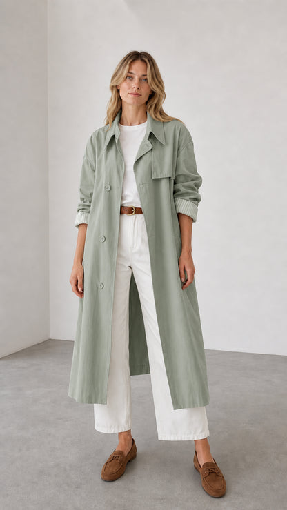 Front full view of woman wearing sage green trench coat