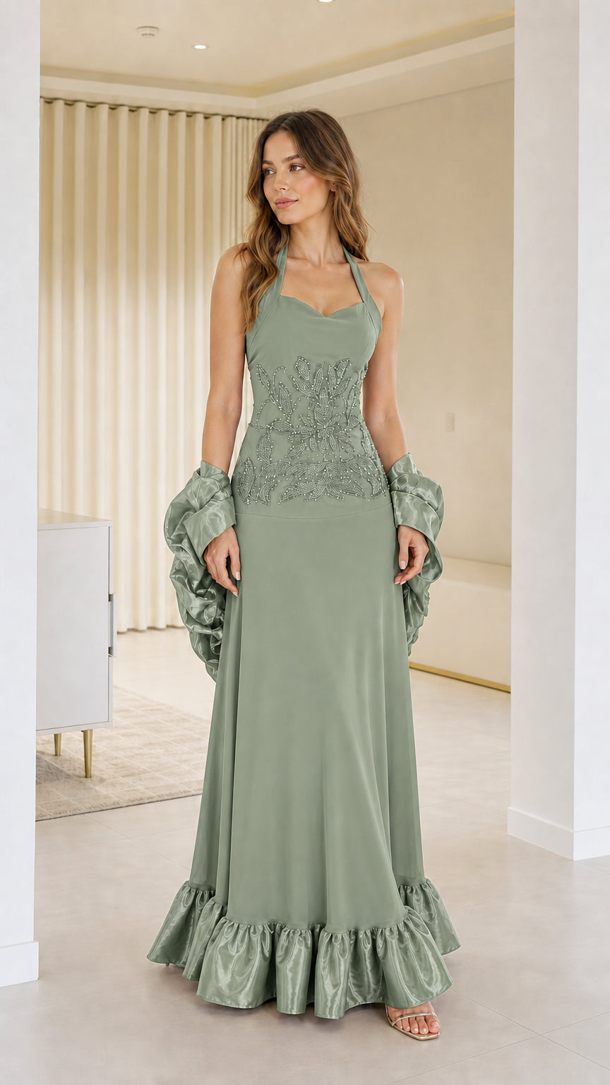 Front view of woman wearing green halter neck evening dress